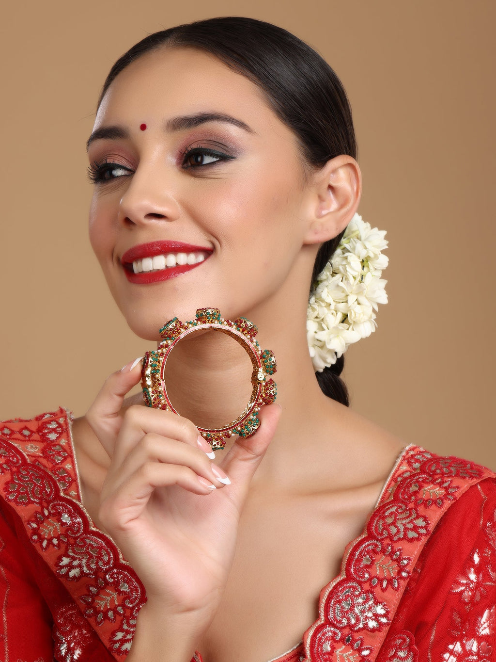 Rajwada Red - Green Hues Handcrafted Heavy Bangle - Ruby Raang | Grocsy