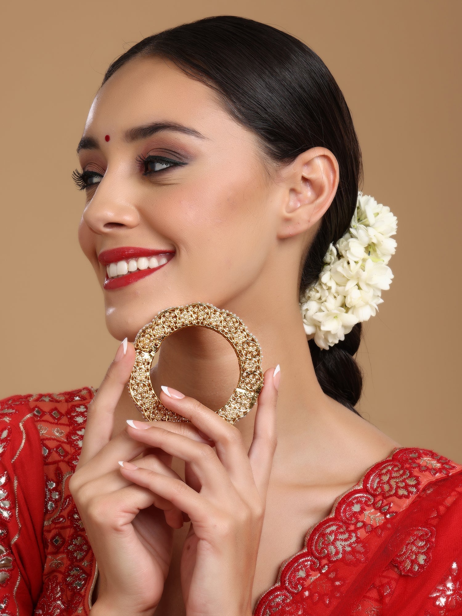 Golden Pearl Handcrafted Heavy Bangle - Ruby Raang