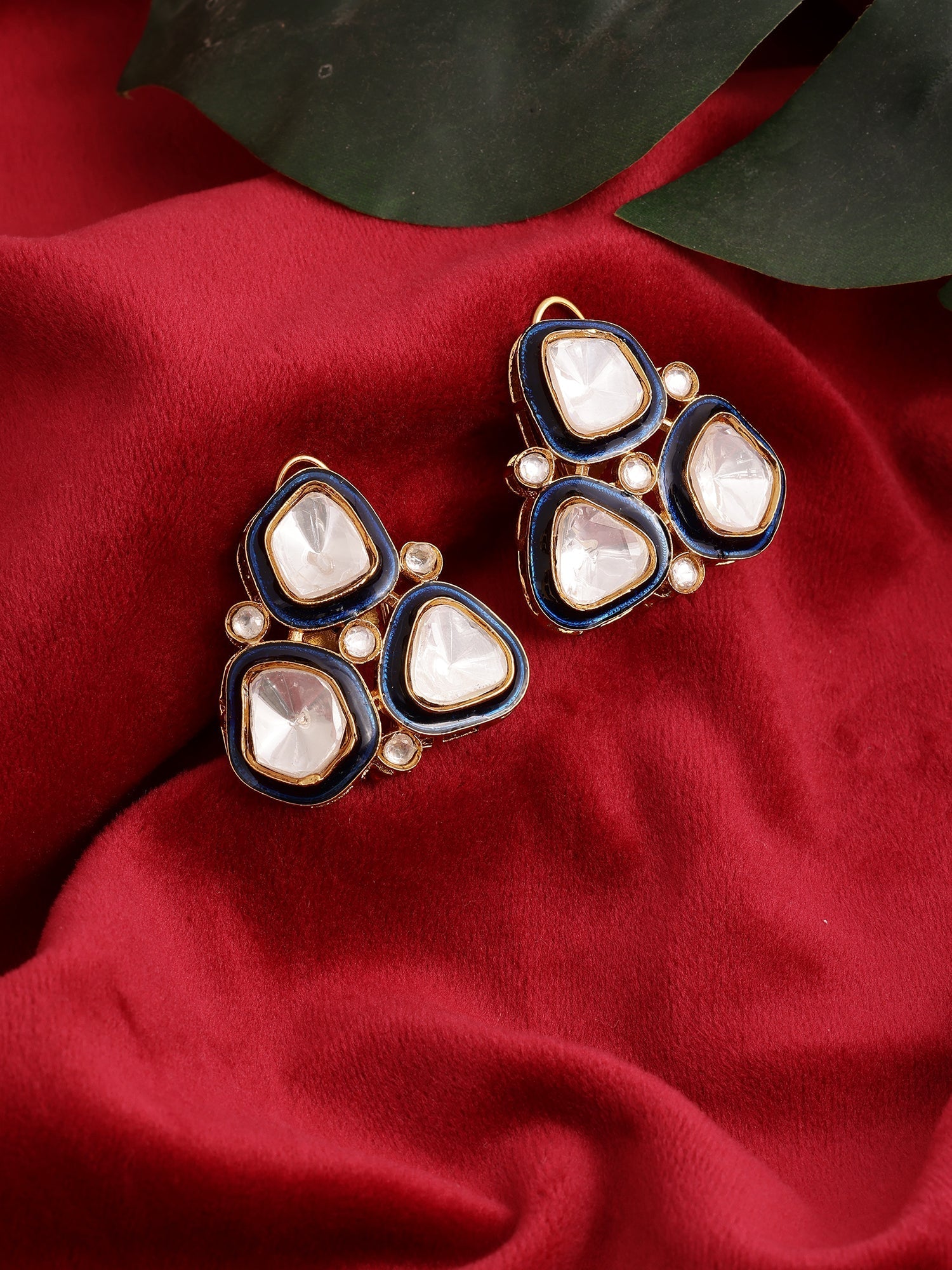 Three Stone Blue Meenakari Kundan Earrings - Ruby Raang