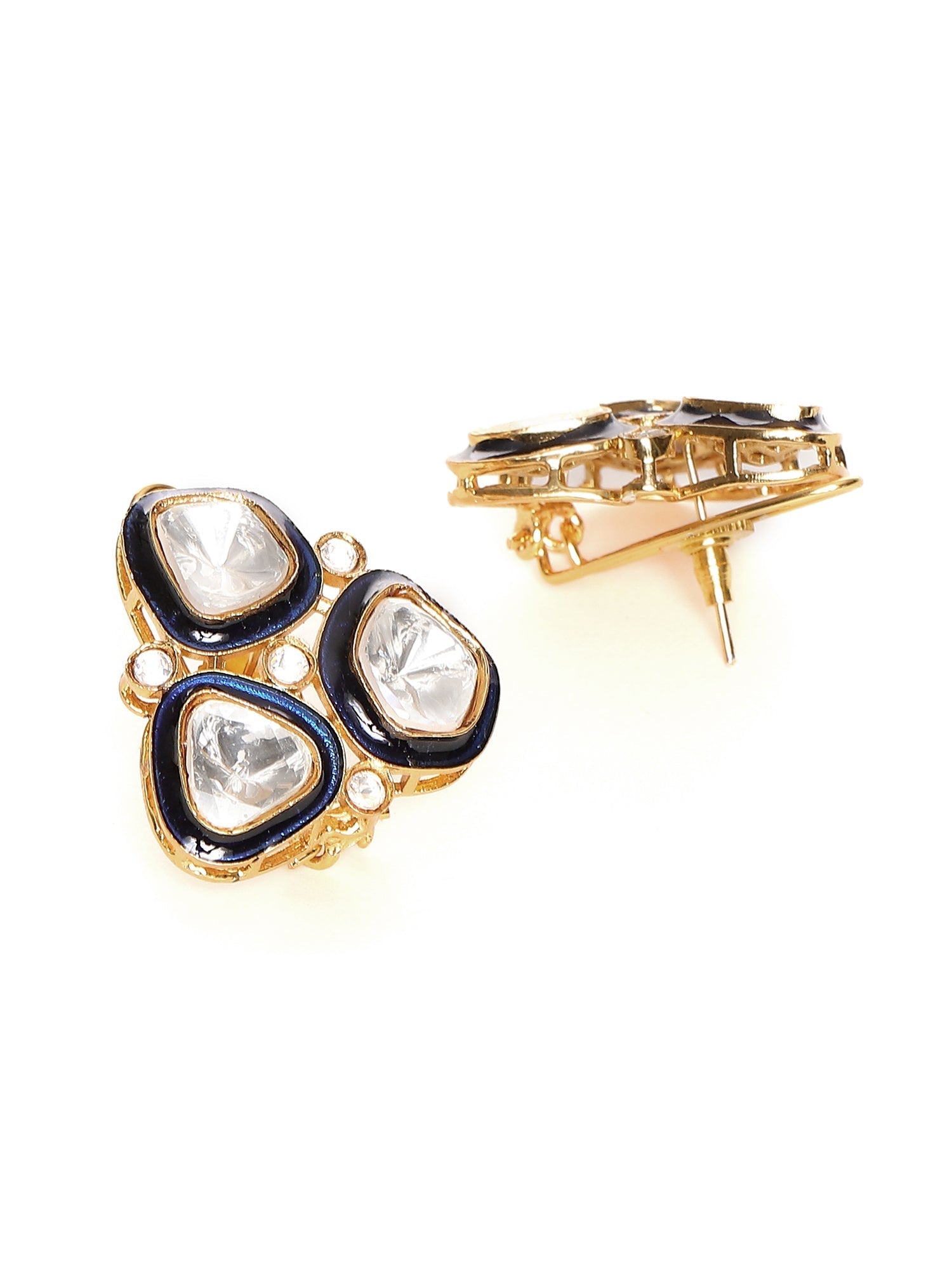 Three Stone Blue Meenakari Kundan Earrings - Ruby Raang