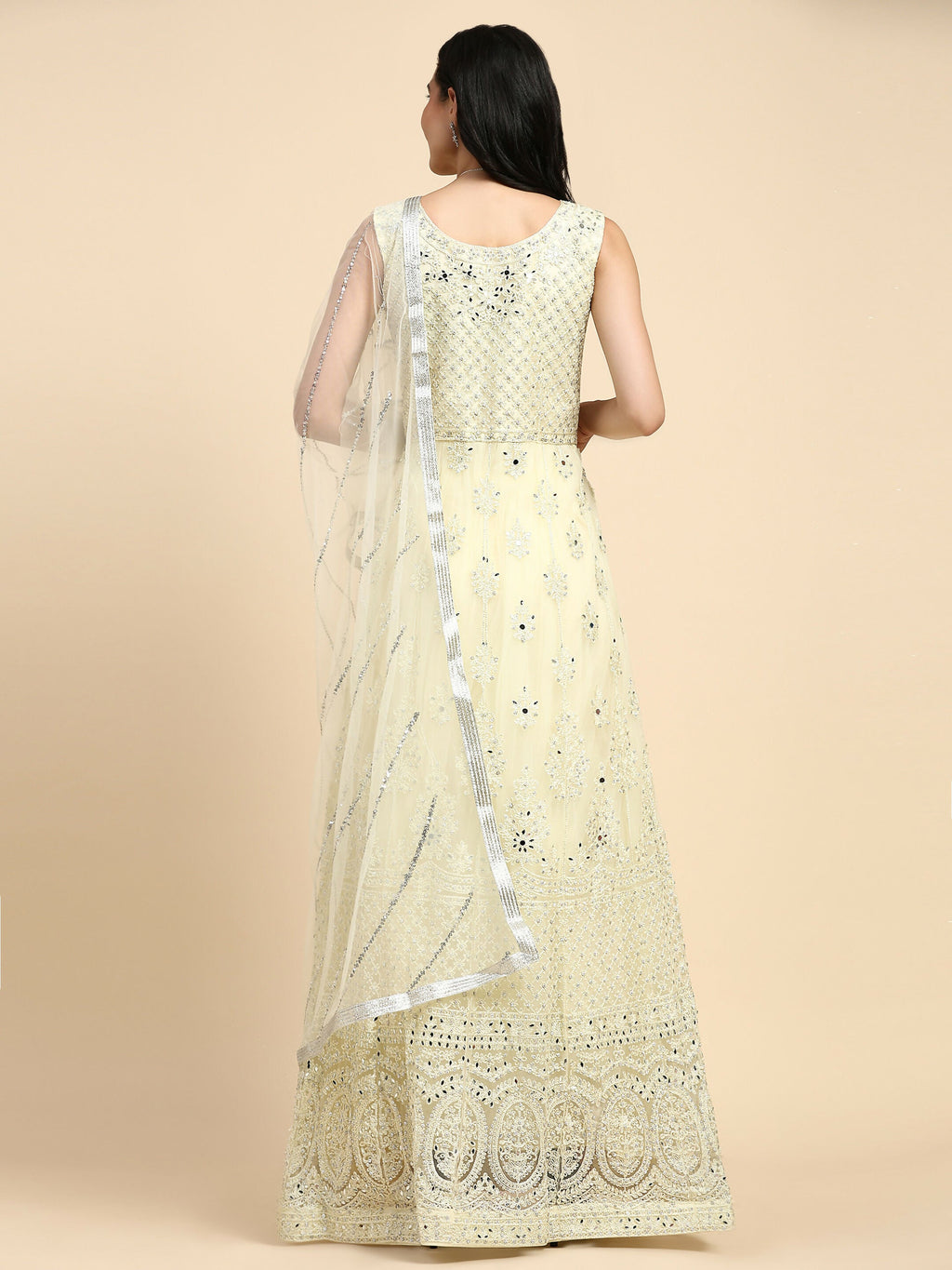 Yellow Net Hand Embroidered Gown - Rudrani | Grocsy