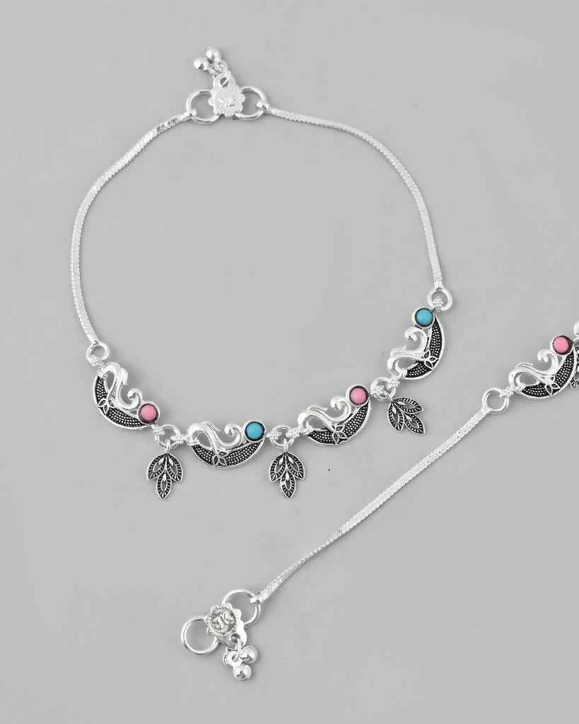 VOJ Set of 2 Silver Plated Stainless Steel Multi Color Anklet | Grocsy