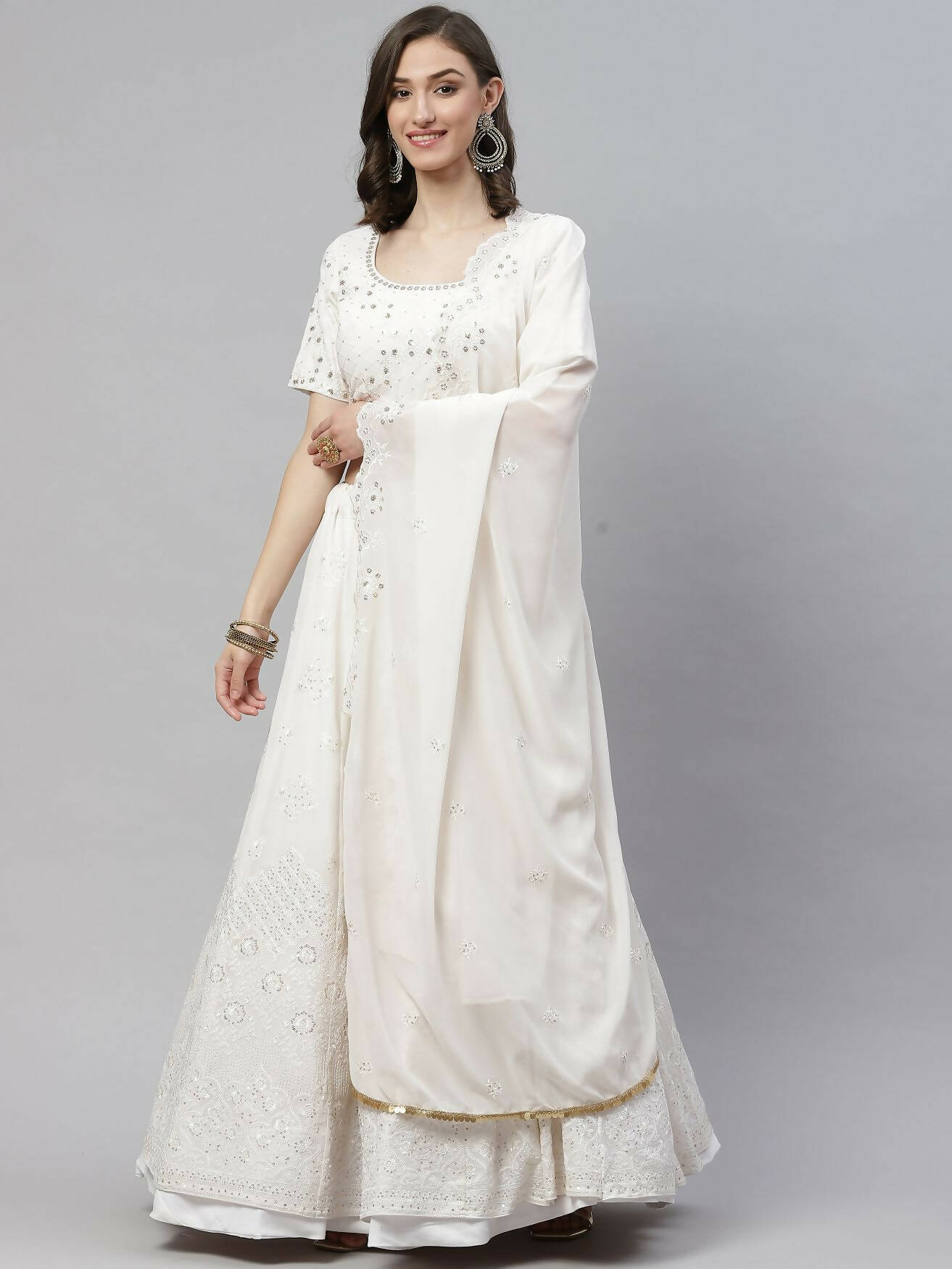 White Georgette Thread with Sequins Embroidered work Lehenga Choli with Dupatta - Jivika | Grocsy