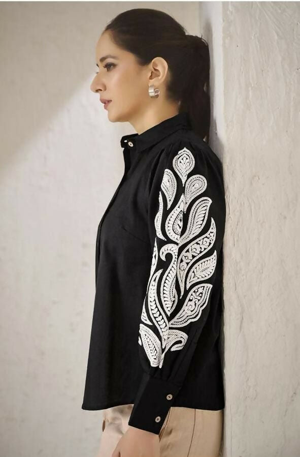 Teeya Creation Women Trendy Black Cotton Button-Down Top with White Contrast Embroidered Sleeves | Grocsy