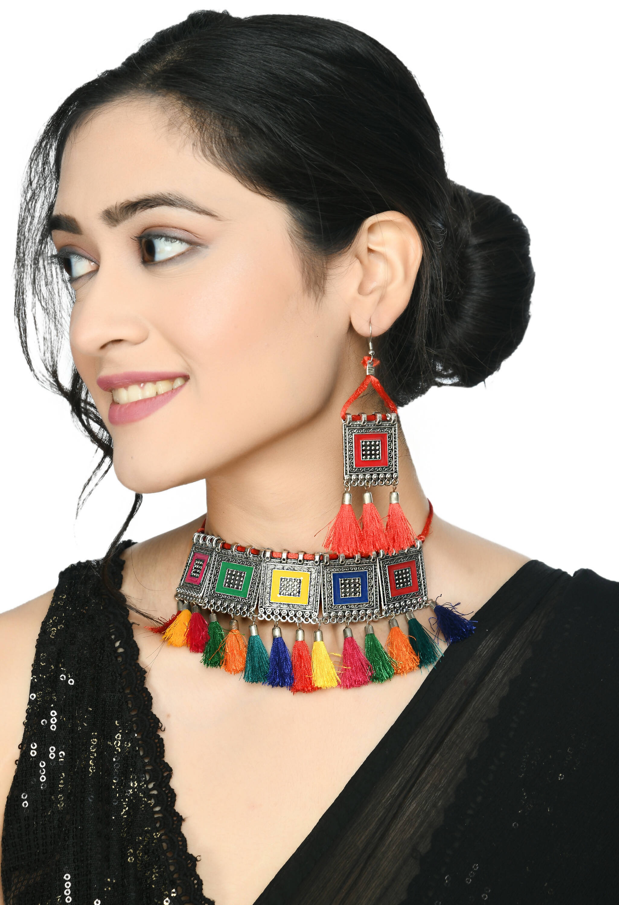 Mominos Fashion Johar Kamal Oxidised Silver-Plated Brass Finish Tassel Work Handicraft Choker For Women (Multi) | Grocsy