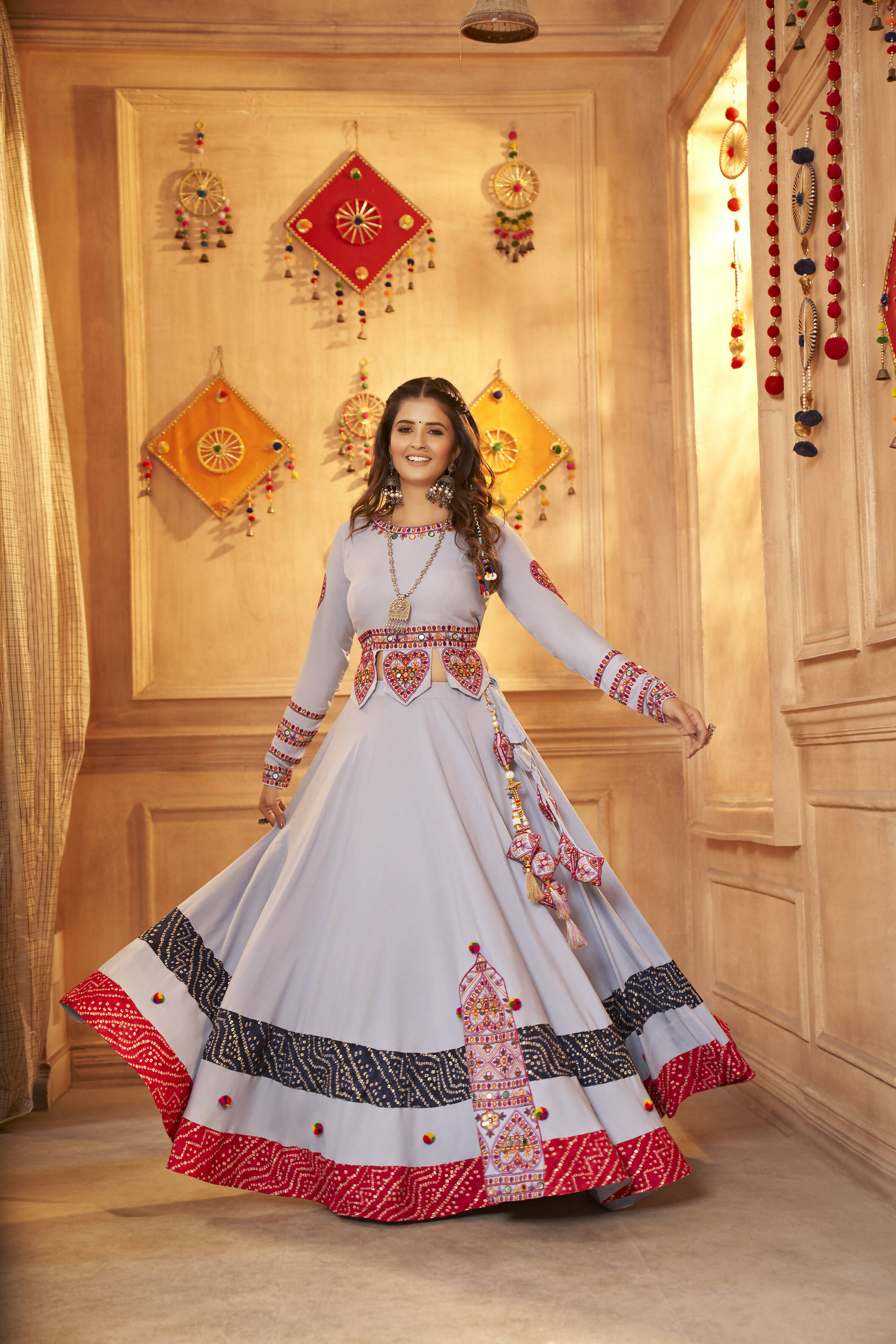 Sky Viscose Rayon Thread Embroidered Work And Print With Mirror All Over Navratri Lehenga Choli - Raas | Grocsy