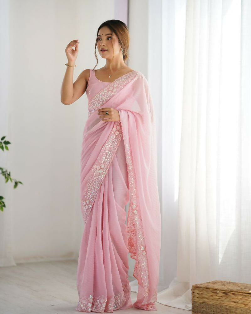 Georgette Designer Sequance Embroidery Work Party Wear Saree - Pink | Grocsy