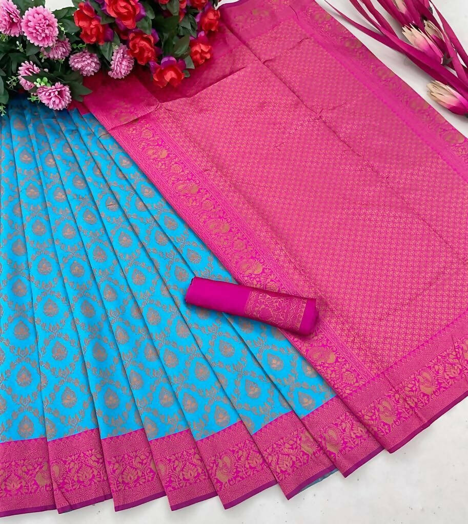 DEIANA'S Beautiful Designer Golden zari Soft Lichi Silk Saree - Blue | Grocsy