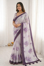 Sangam Prints Dark Purple Cotton Print With Aari Work Woven Work Traditional Saree | Grocsy