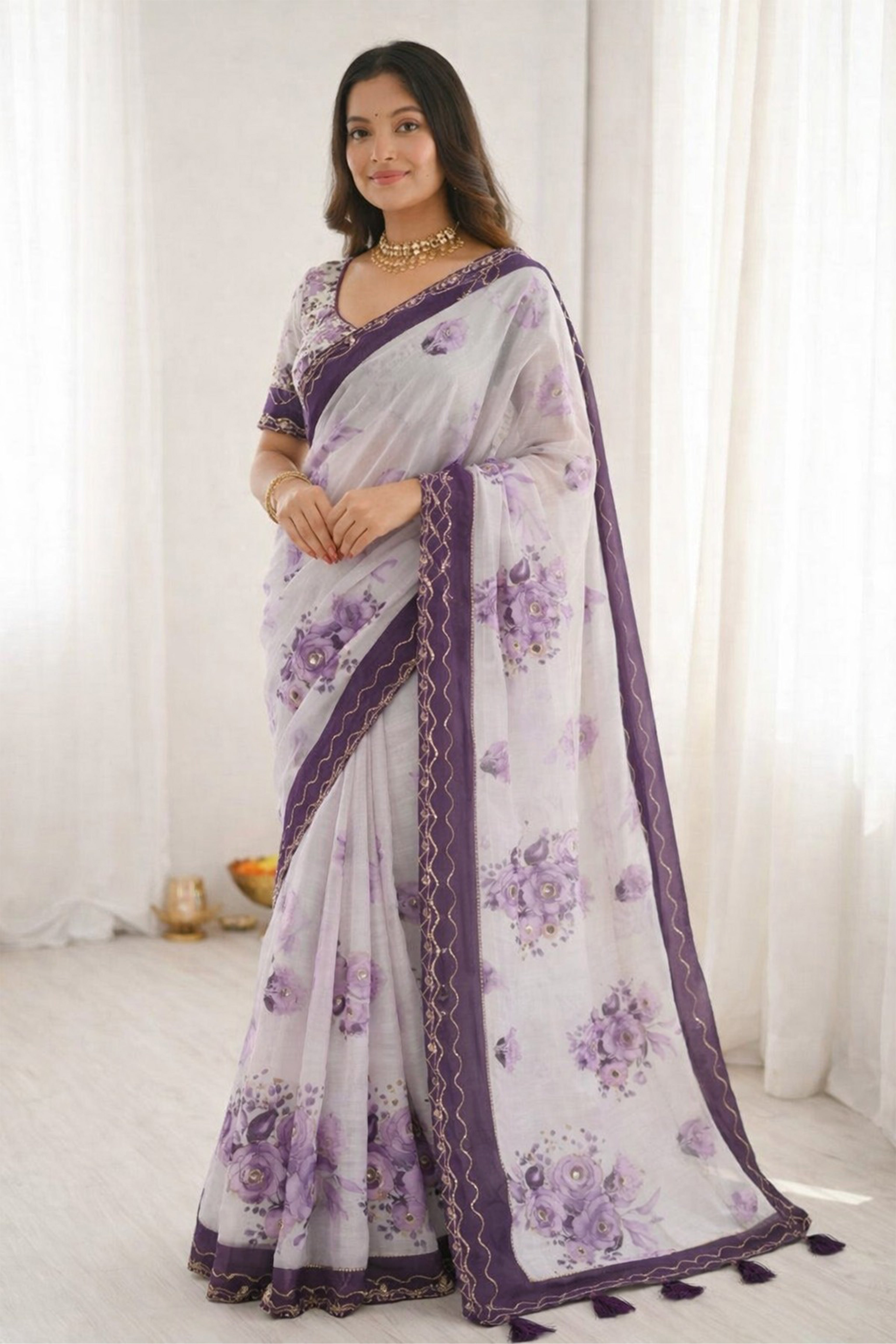 Sangam Prints Dark Purple Cotton Print With Aari Work Woven Work Traditional Saree | Grocsy