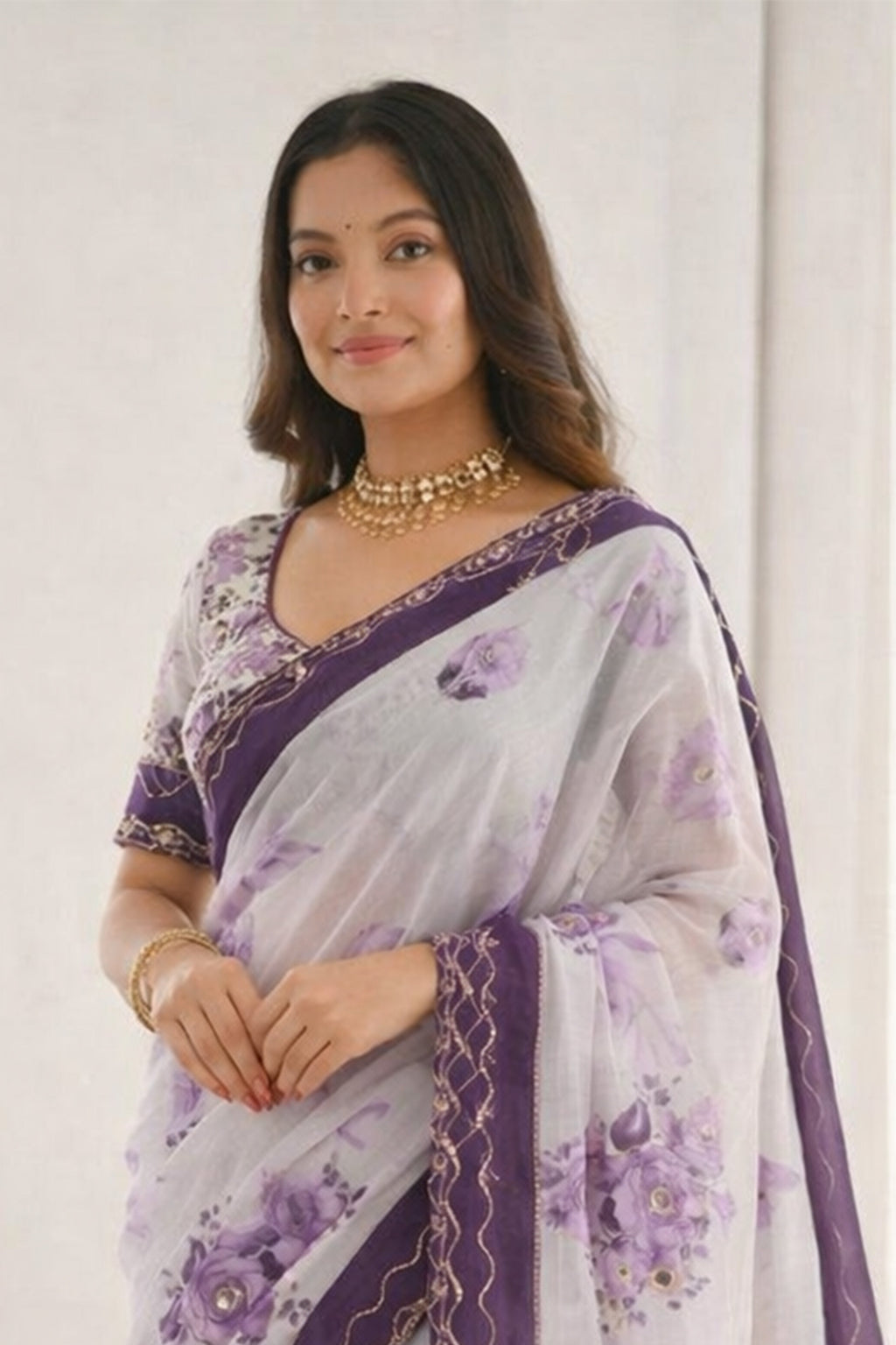 Sangam Prints Dark Purple Cotton Print With Aari Work Woven Work Traditional Saree | Grocsy