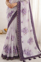 Sangam Prints Dark Purple Cotton Print With Aari Work Woven Work Traditional Saree | Grocsy