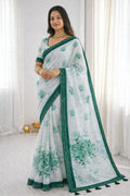 Sangam Prints Green Cotton Print With Aari Work Woven Work Traditional Saree | Grocsy