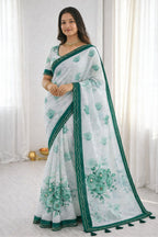 Sangam Prints Green Cotton Print With Aari Work Woven Work Traditional Saree | Grocsy