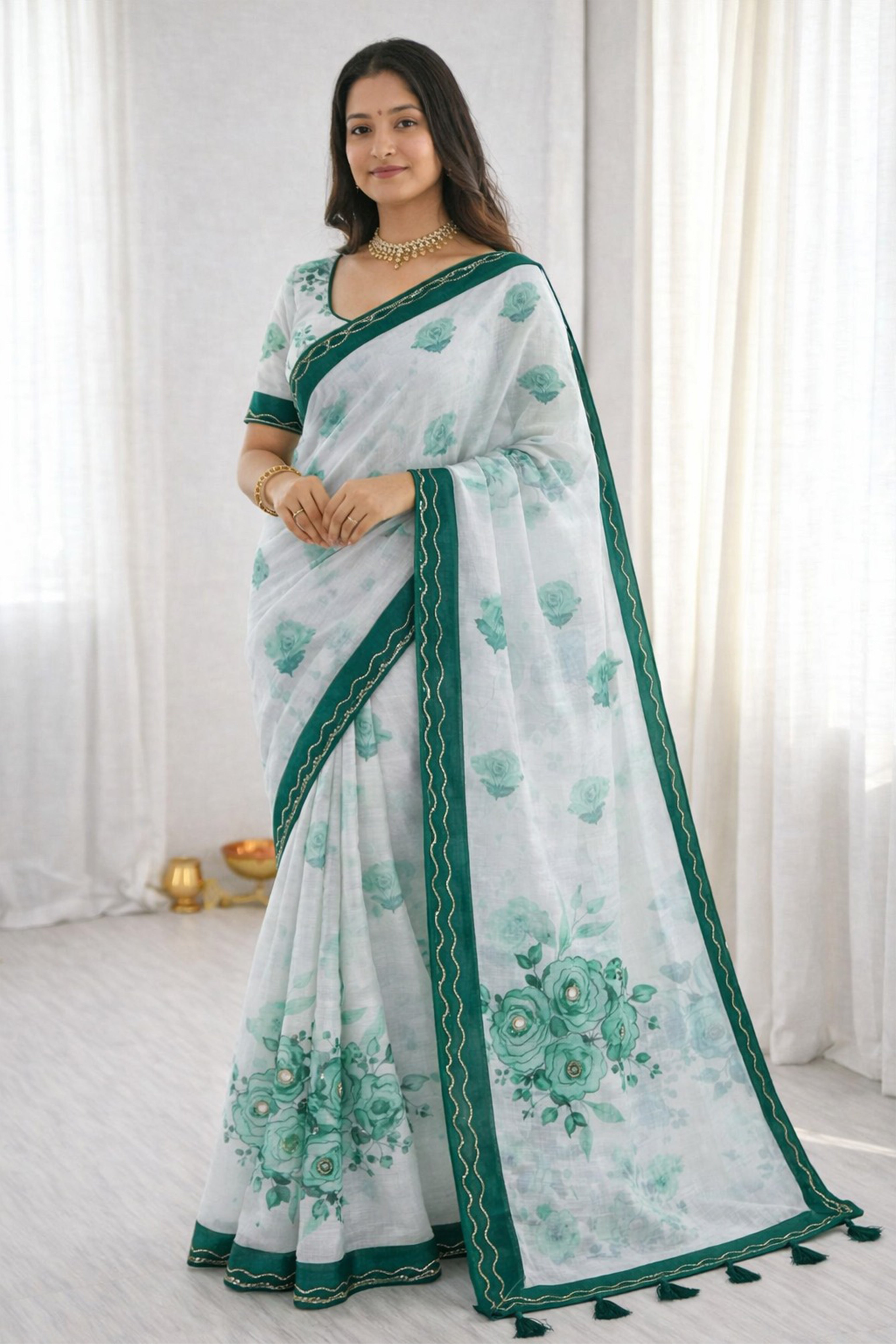 Sangam Prints Green Cotton Print With Aari Work Woven Work Traditional Saree | Grocsy