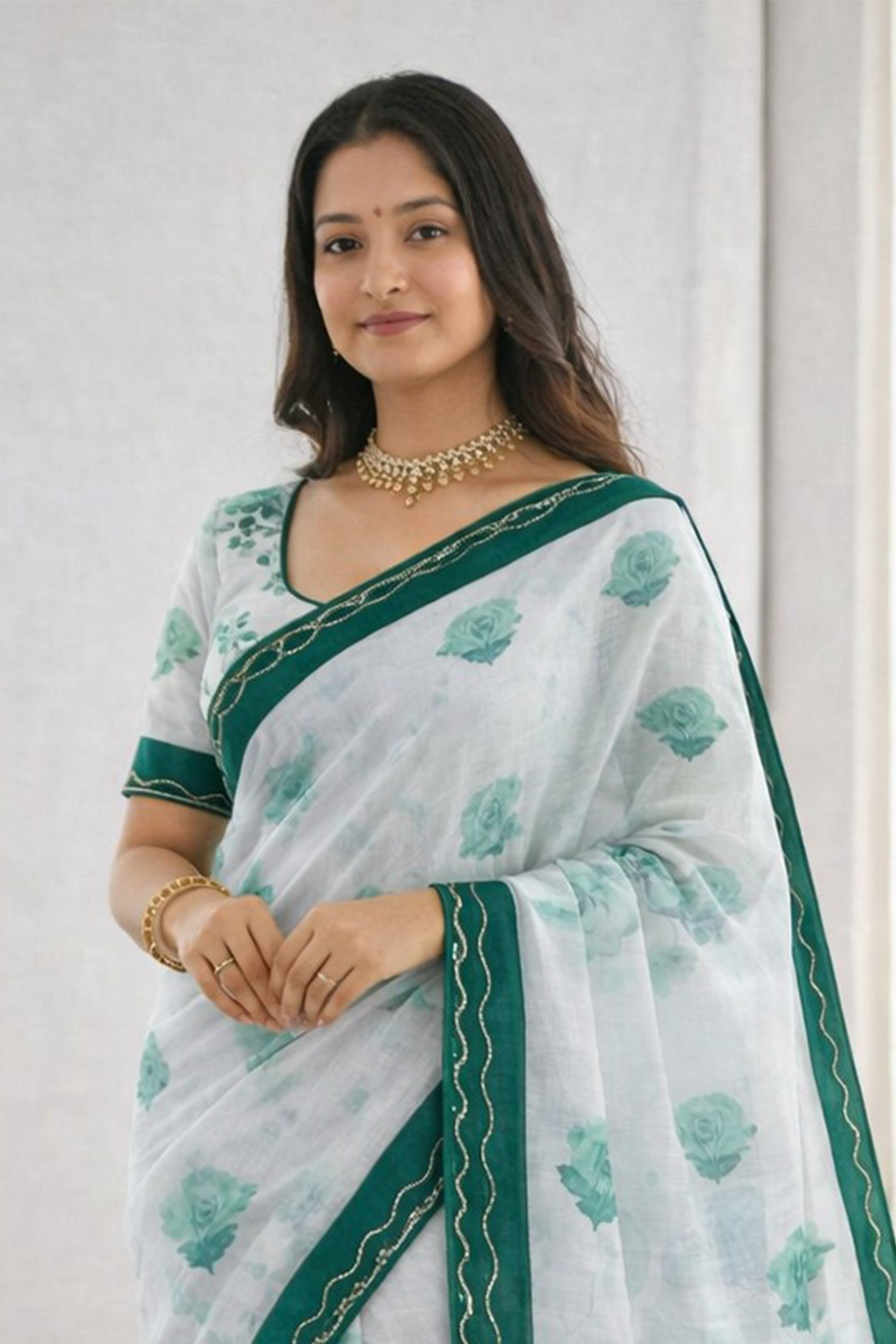 Sangam Prints Green Cotton Print With Aari Work Woven Work Traditional Saree | Grocsy