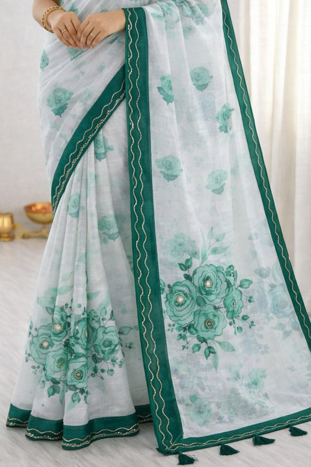Sangam Prints Green Cotton Print With Aari Work Woven Work Traditional Saree | Grocsy
