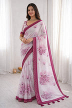 Sangam Prints Pink Cotton Print With Aari Work Woven Work Traditional Saree | Grocsy