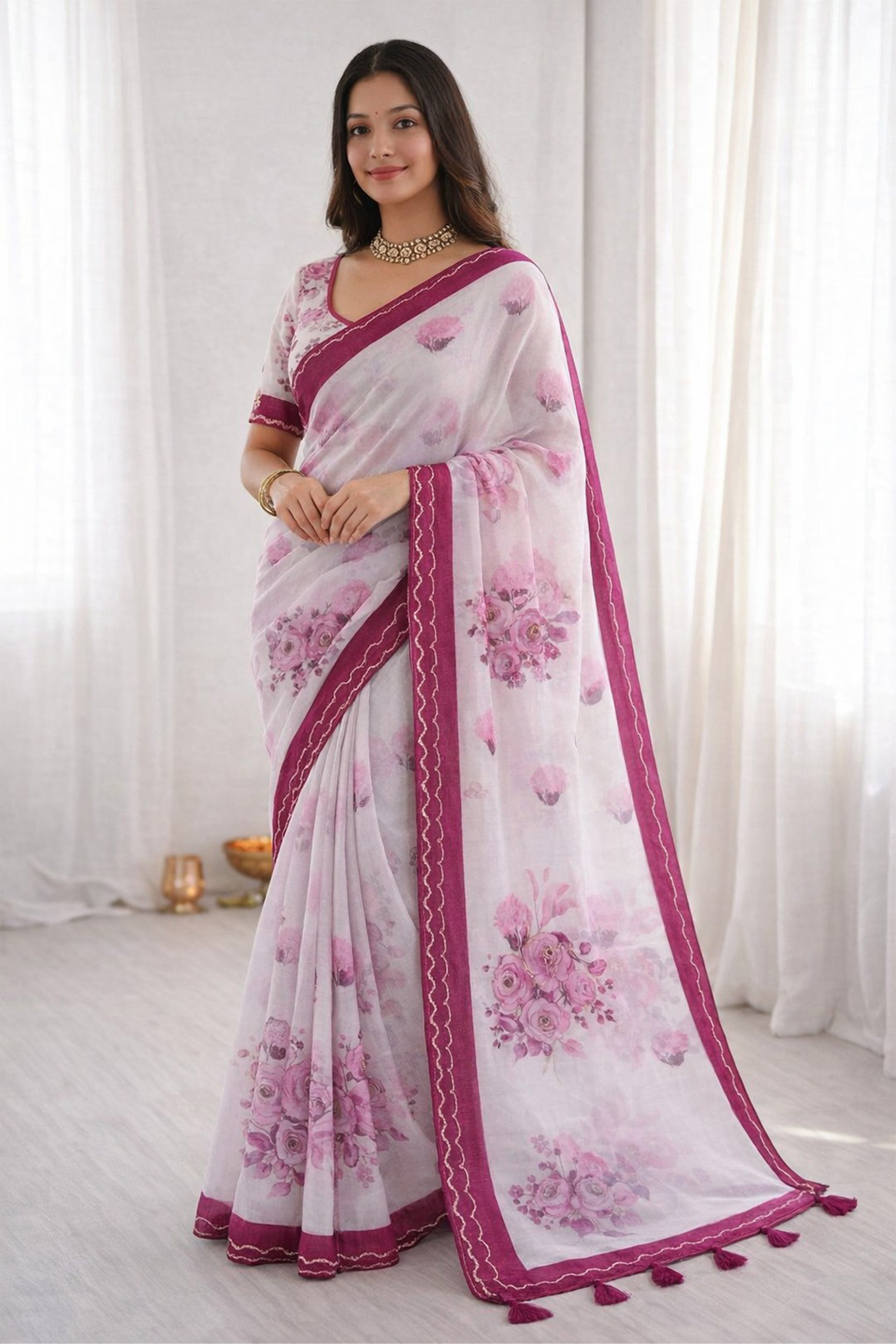 Sangam Prints Pink Cotton Print With Aari Work Woven Work Traditional Saree | Grocsy