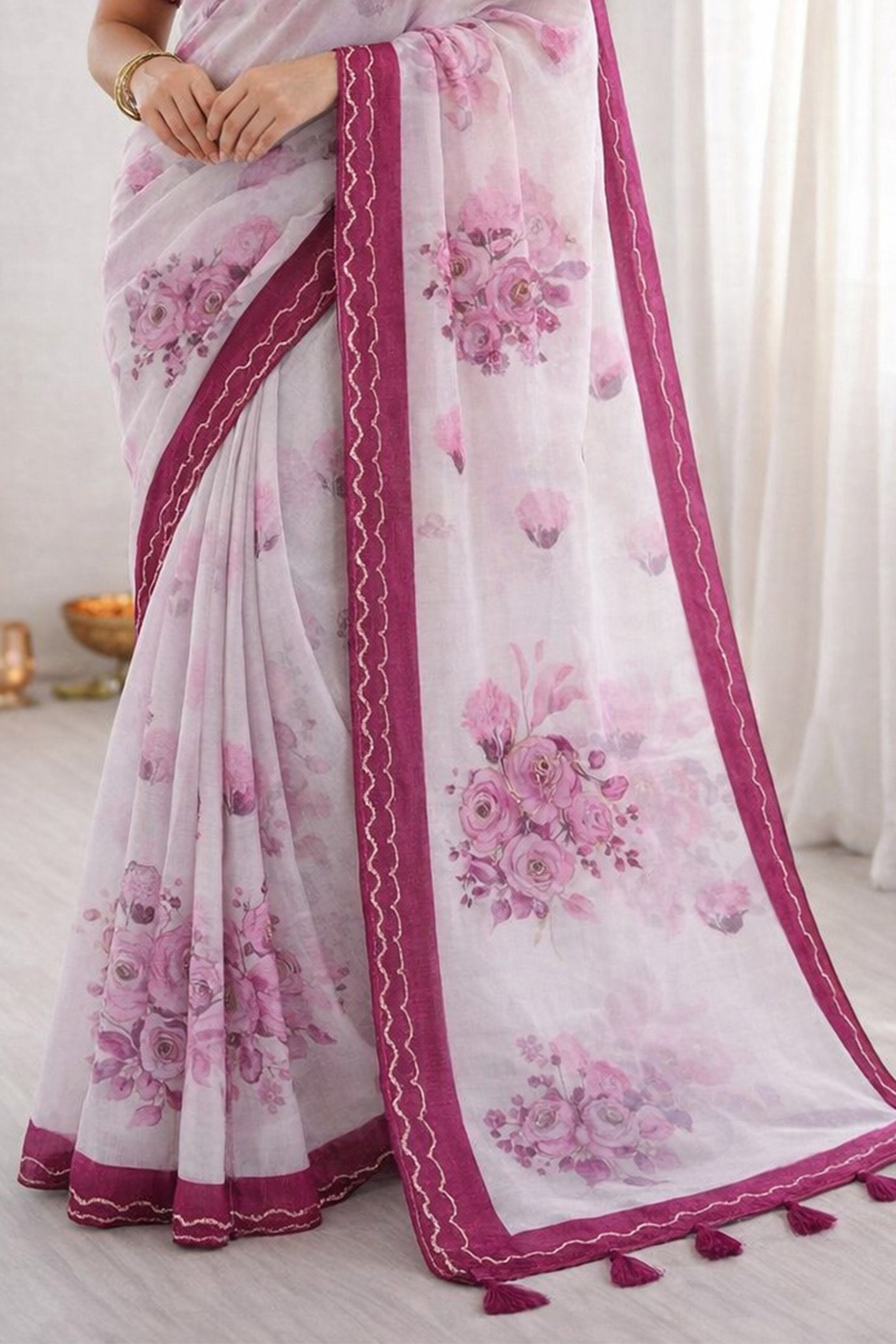 Sangam Prints Pink Cotton Print With Aari Work Woven Work Traditional Saree | Grocsy