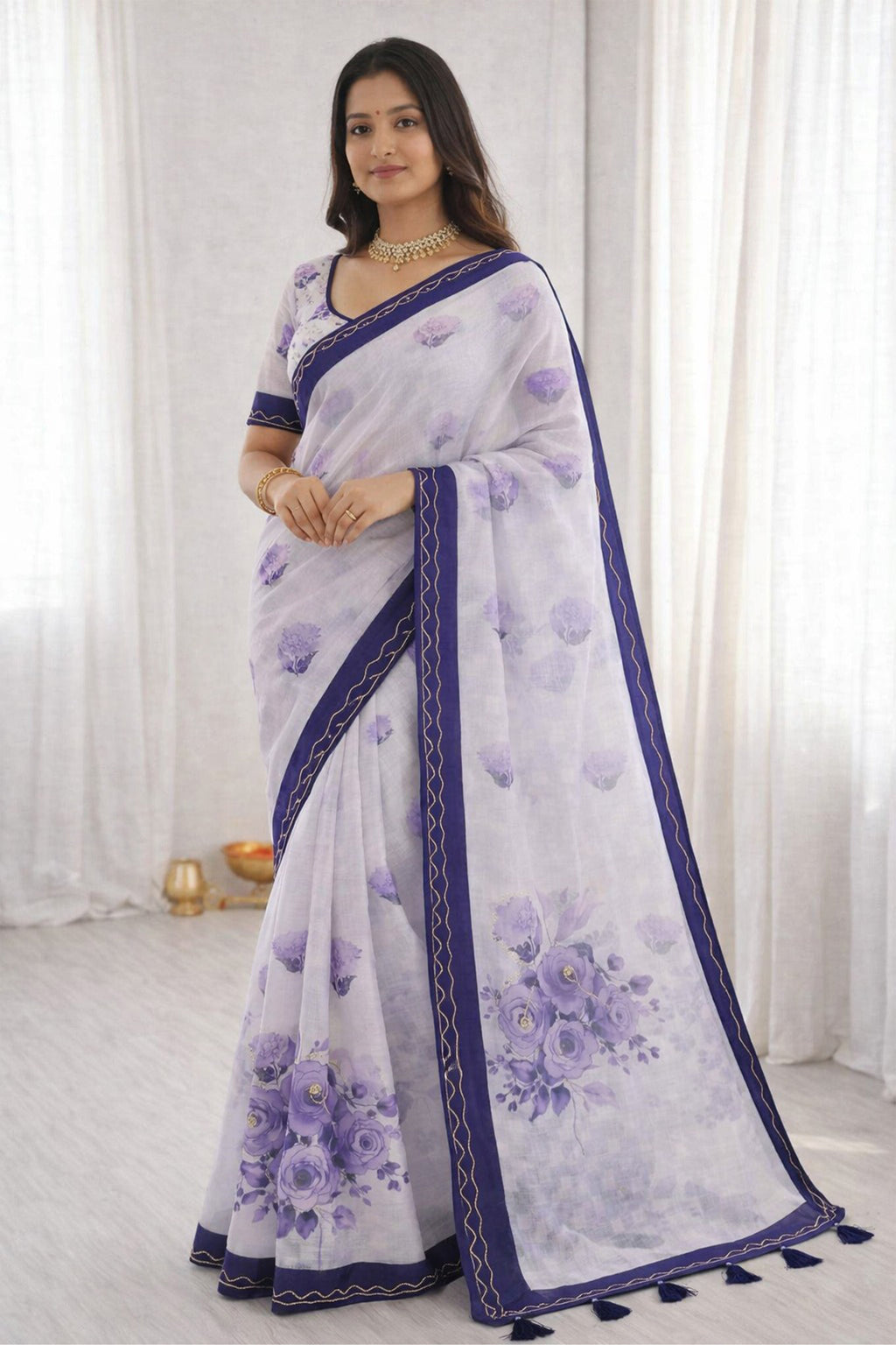 Sangam Prints Purple Cotton Print With Aari Work Woven Work Traditional Saree | Grocsy