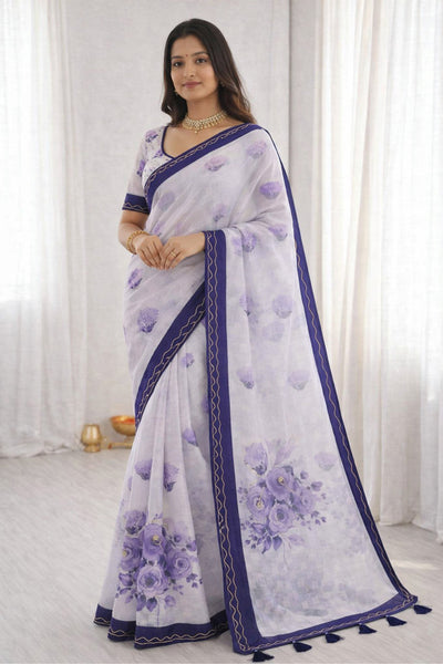 Sangam Prints Purple Cotton Print With Aari Work Woven Work Traditional Saree