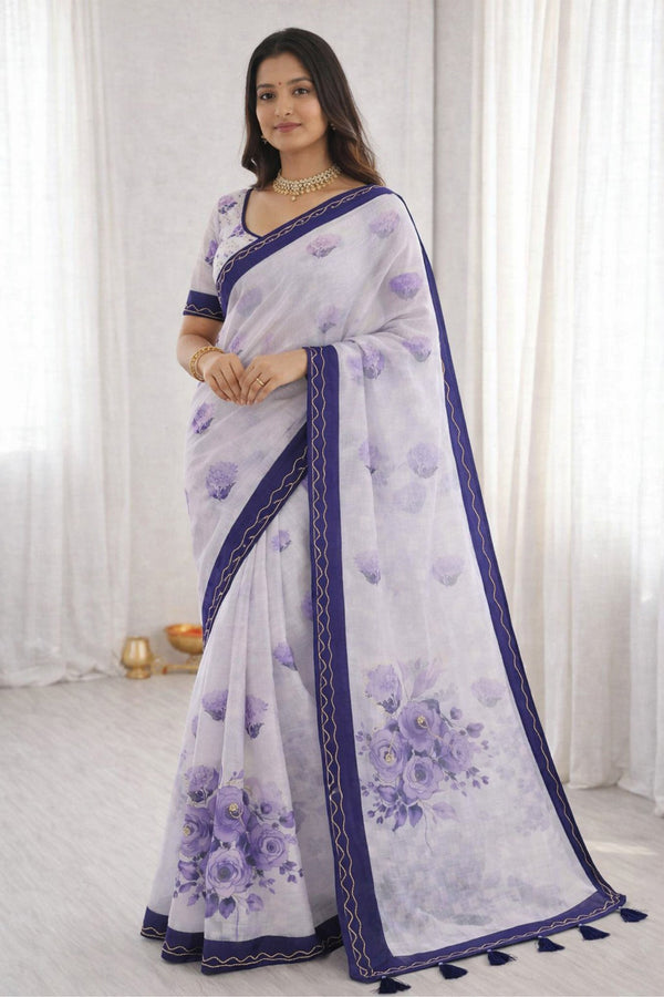 Sangam Prints Purple Cotton Print With Aari Work Woven Work Traditional Saree