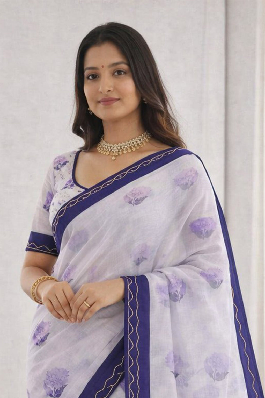 Sangam Prints Purple Cotton Print With Aari Work Woven Work Traditional Saree | Grocsy