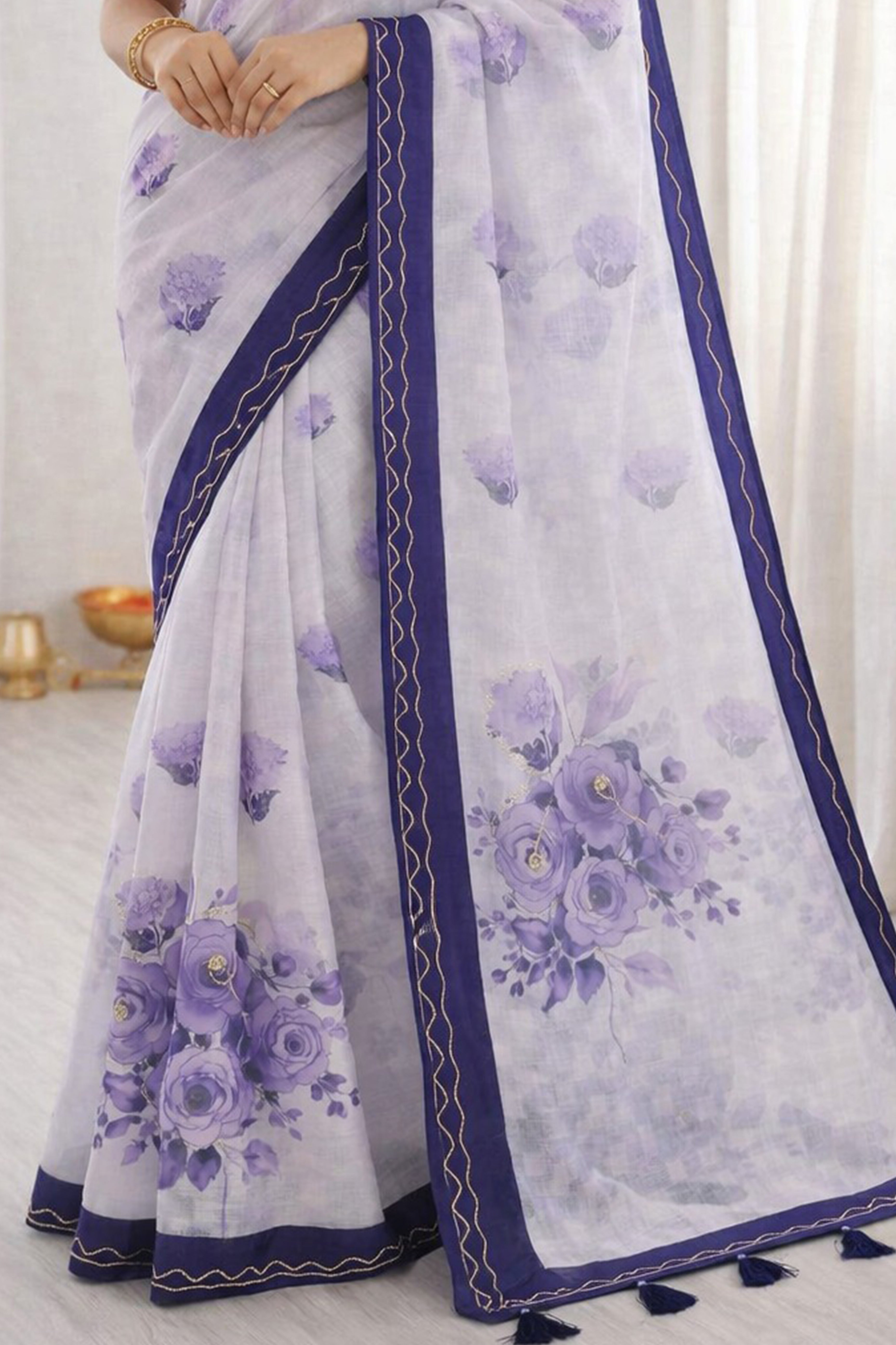 Sangam Prints Purple Cotton Print With Aari Work Woven Work Traditional Saree | Grocsy