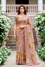 Sangam Prints Purple Cotton Print With Aari Work Woven Work Traditional Saree | Grocsy