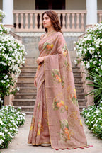 Sangam Prints Purple Cotton Print With Aari Work Woven Work Traditional Saree | Grocsy