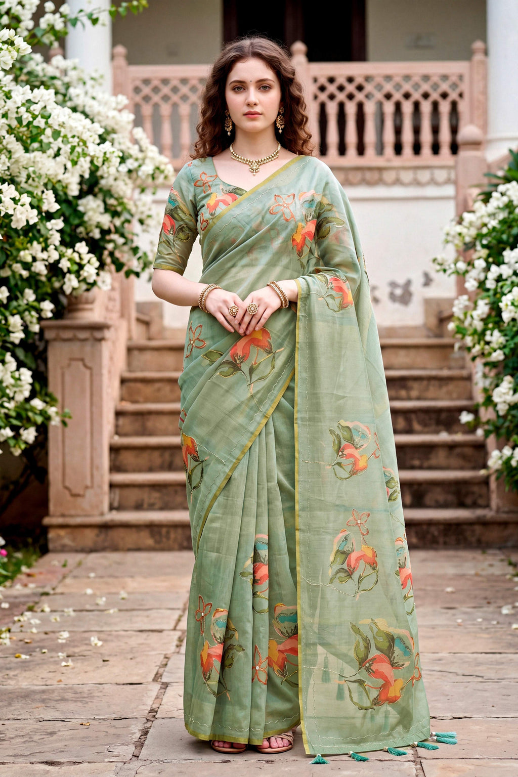 Sangam Prints Grey Cotton Print With Aari Work Woven Work Traditional Saree | Grocsy