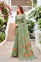 Sangam Prints Grey Cotton Print With Aari Work Woven Work Traditional Saree | Grocsy