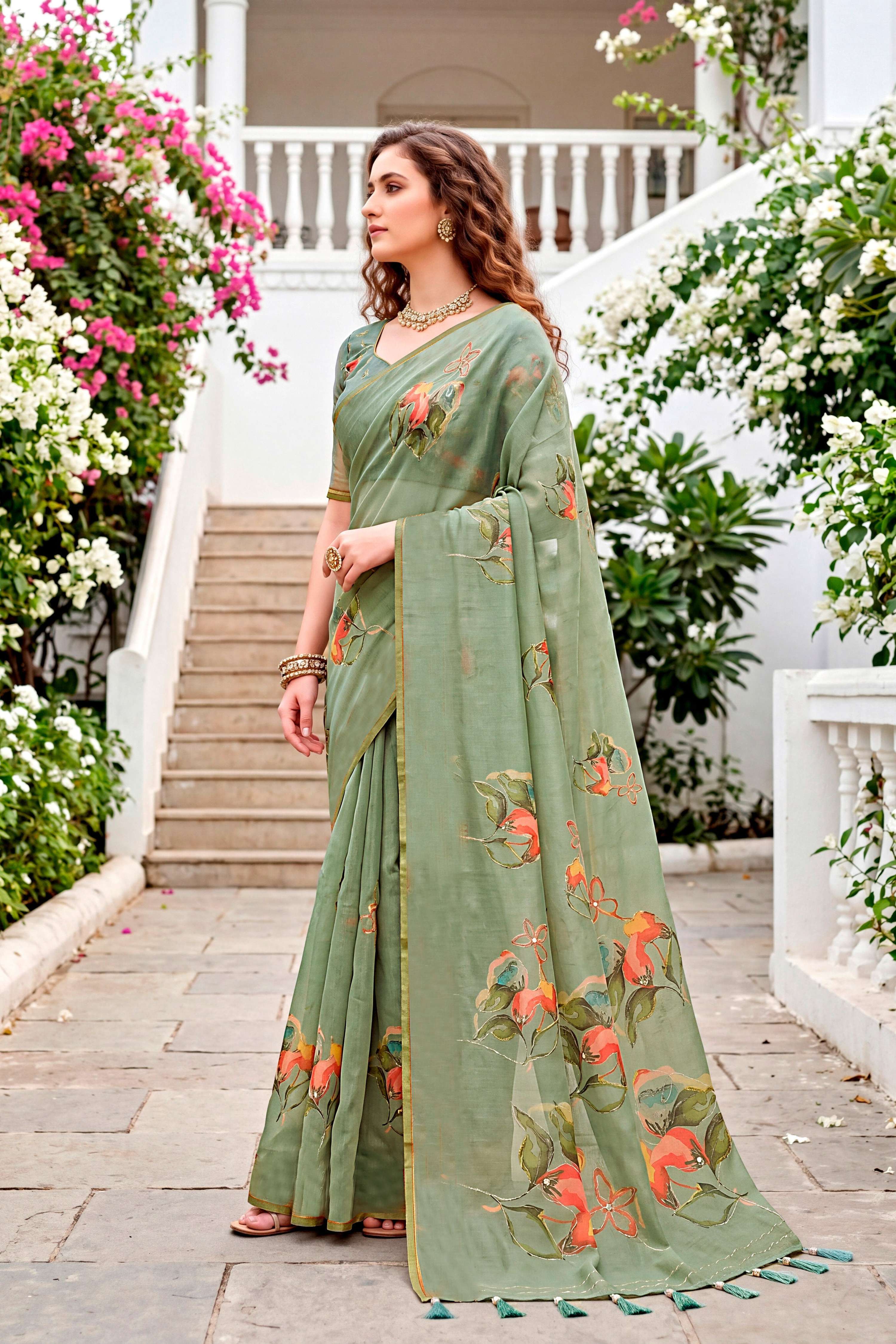 Sangam Prints Grey Cotton Print With Aari Work Woven Work Traditional Saree | Grocsy