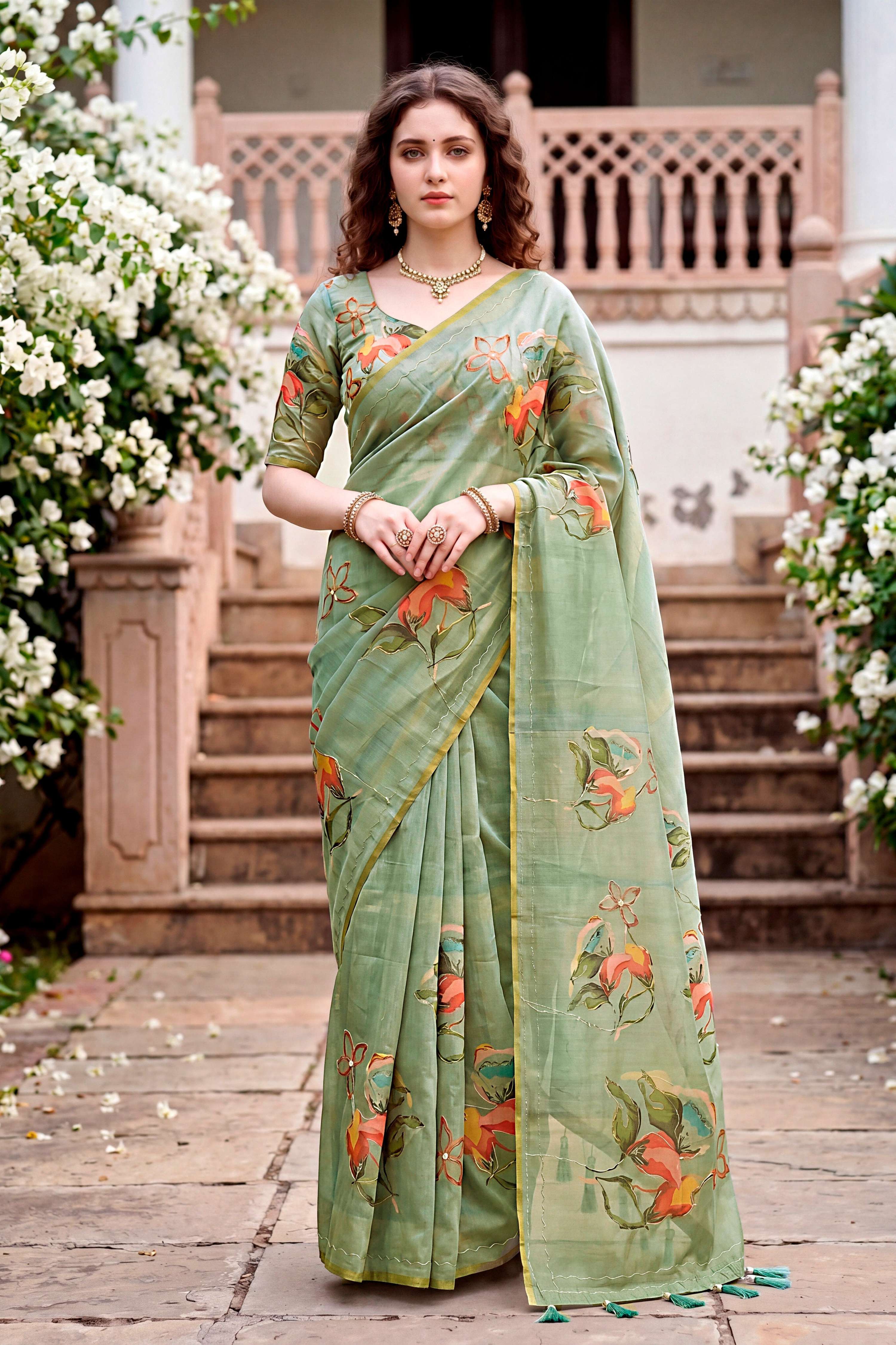 Sangam Prints Grey Cotton Print With Aari Work Woven Work Traditional Saree | Grocsy