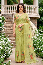 Sangam Prints Green Cotton Print With Aari Work Woven Work Traditional Saree | Grocsy