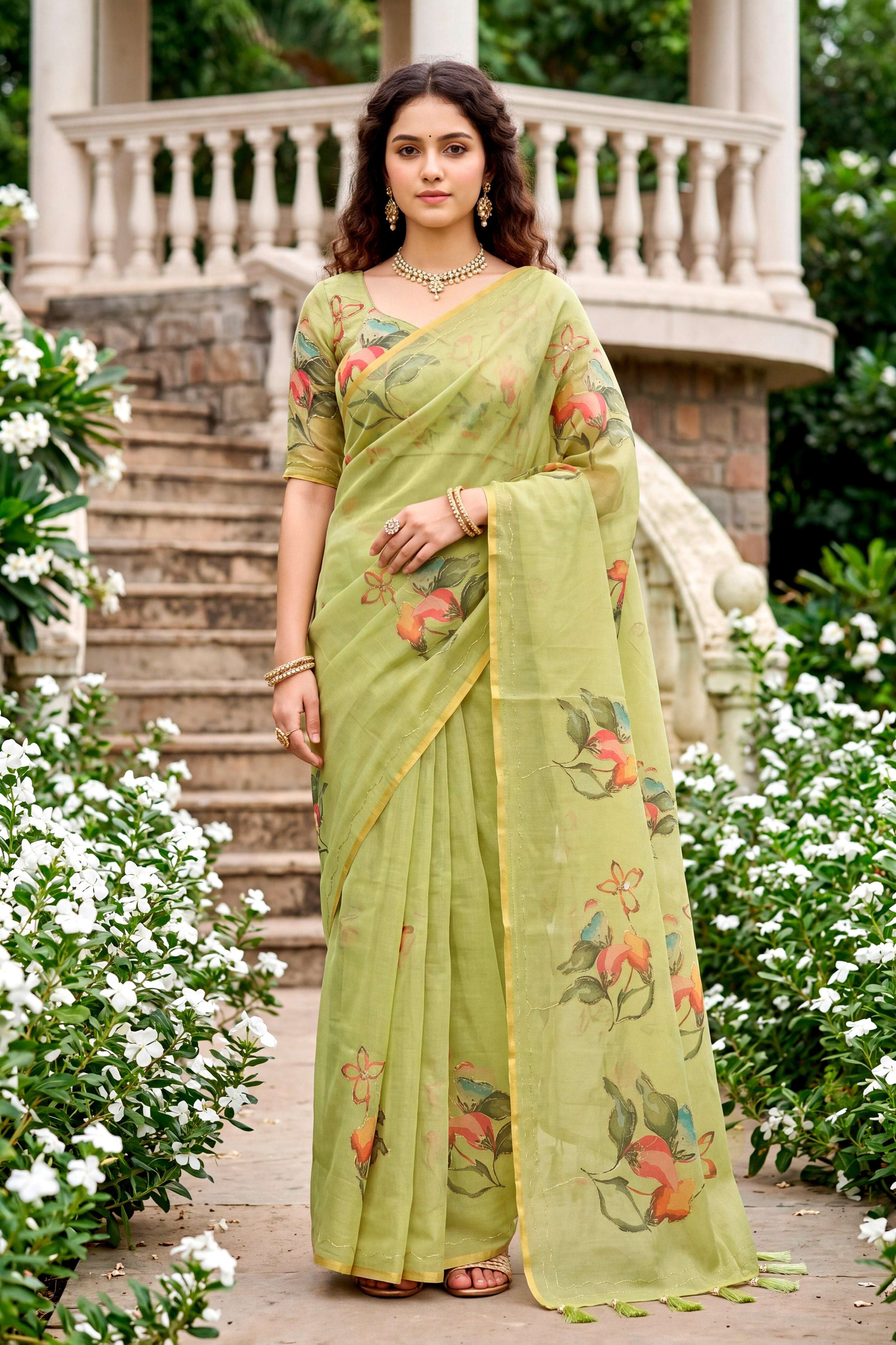 Sangam Prints Green Cotton Print With Aari Work Woven Work Traditional Saree | Grocsy