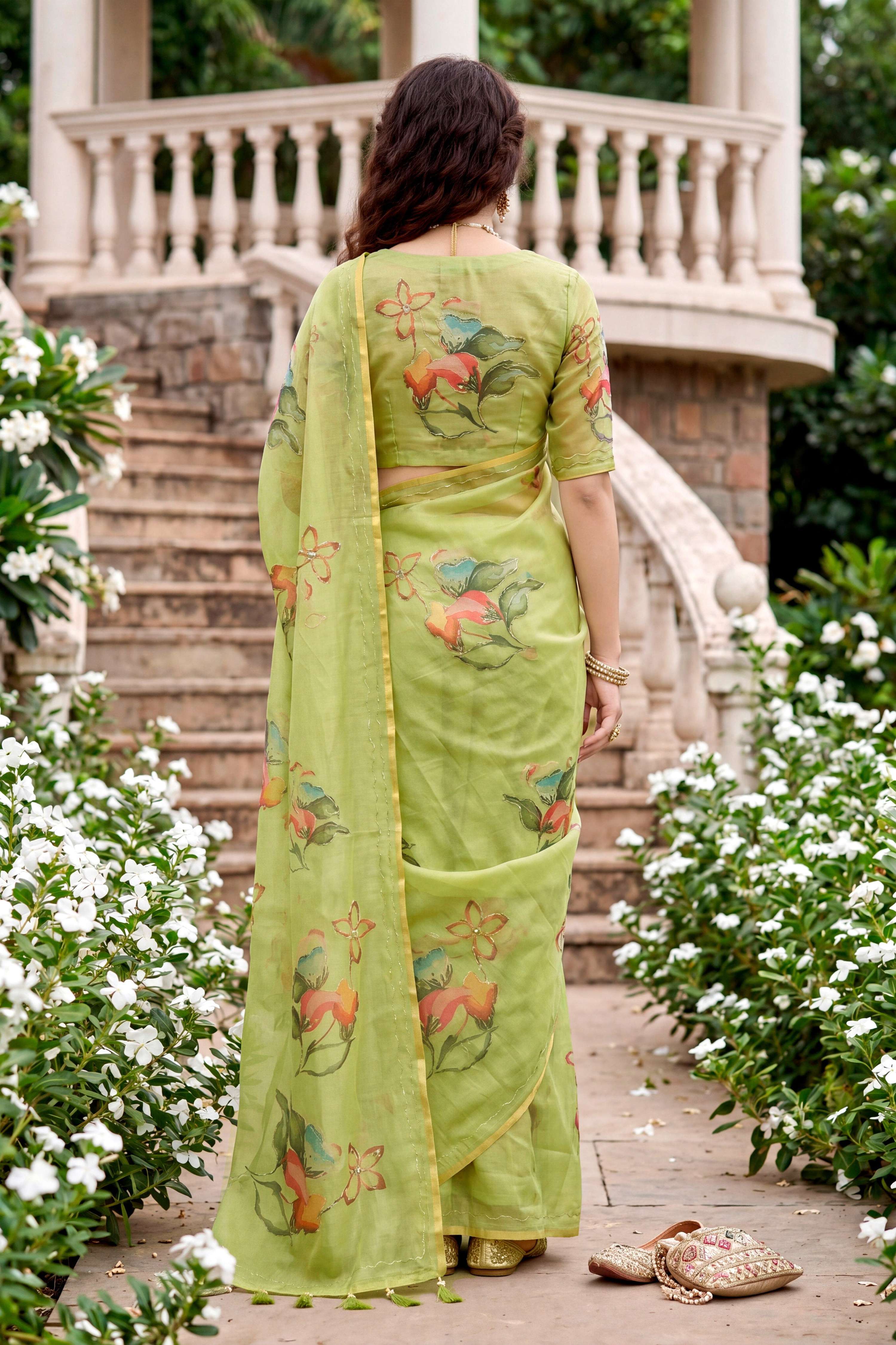 Sangam Prints Green Cotton Print With Aari Work Woven Work Traditional Saree | Grocsy