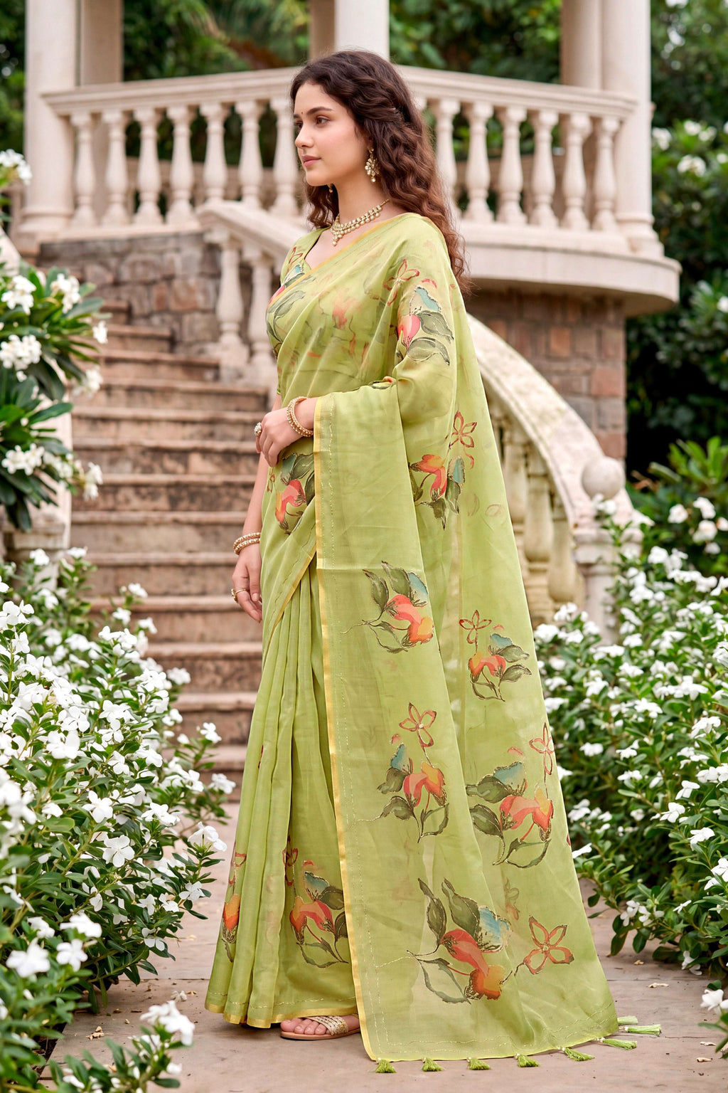Sangam Prints Green Cotton Print With Aari Work Woven Work Traditional Saree | Grocsy