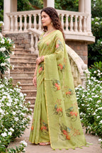 Sangam Prints Green Cotton Print With Aari Work Woven Work Traditional Saree | Grocsy