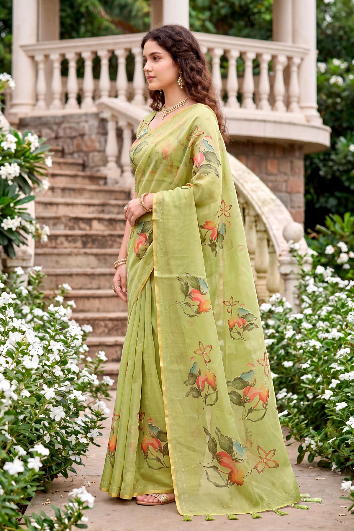 Sangam Prints Green Cotton Print With Aari Work Woven Work Traditional Saree | Grocsy