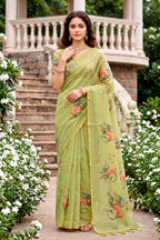 Sangam Prints Green Cotton Print With Aari Work Woven Work Traditional Saree | Grocsy