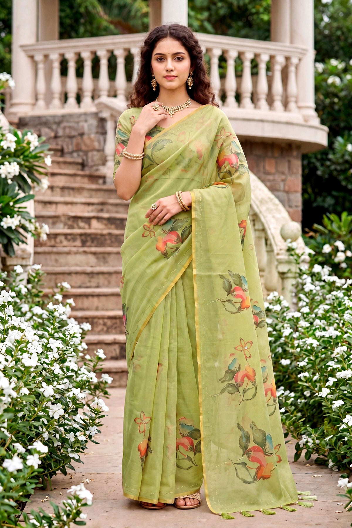 Sangam Prints Green Cotton Print With Aari Work Woven Work Traditional Saree | Grocsy