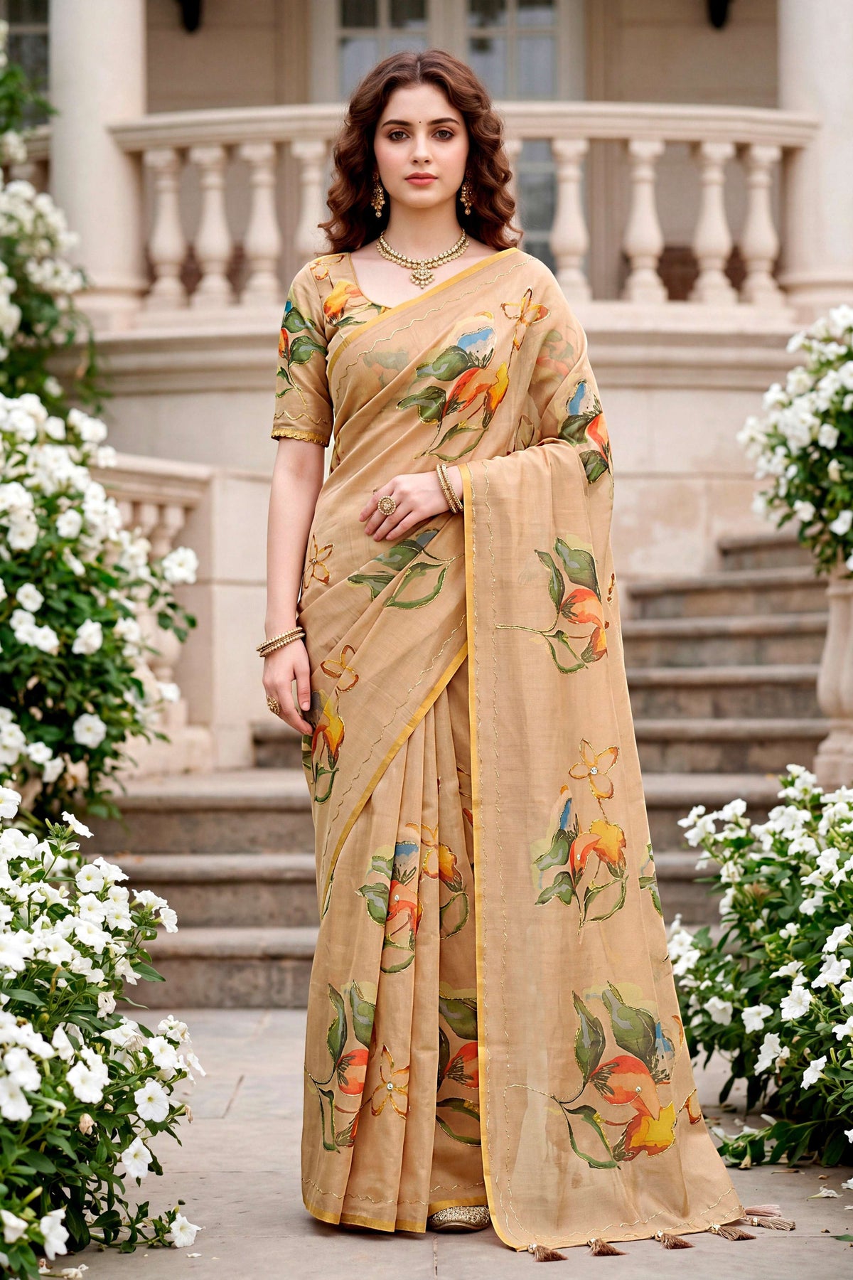 Sangam Prints Beige Cotton Print With Aari Work Woven Work Traditional Saree | Grocsy