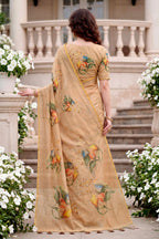 Sangam Prints Beige Cotton Print With Aari Work Woven Work Traditional Saree | Grocsy