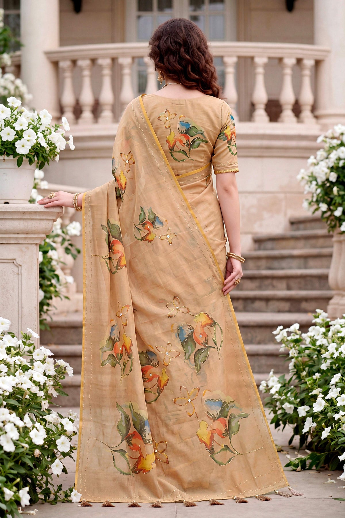Sangam Prints Beige Cotton Print With Aari Work Woven Work Traditional Saree | Grocsy