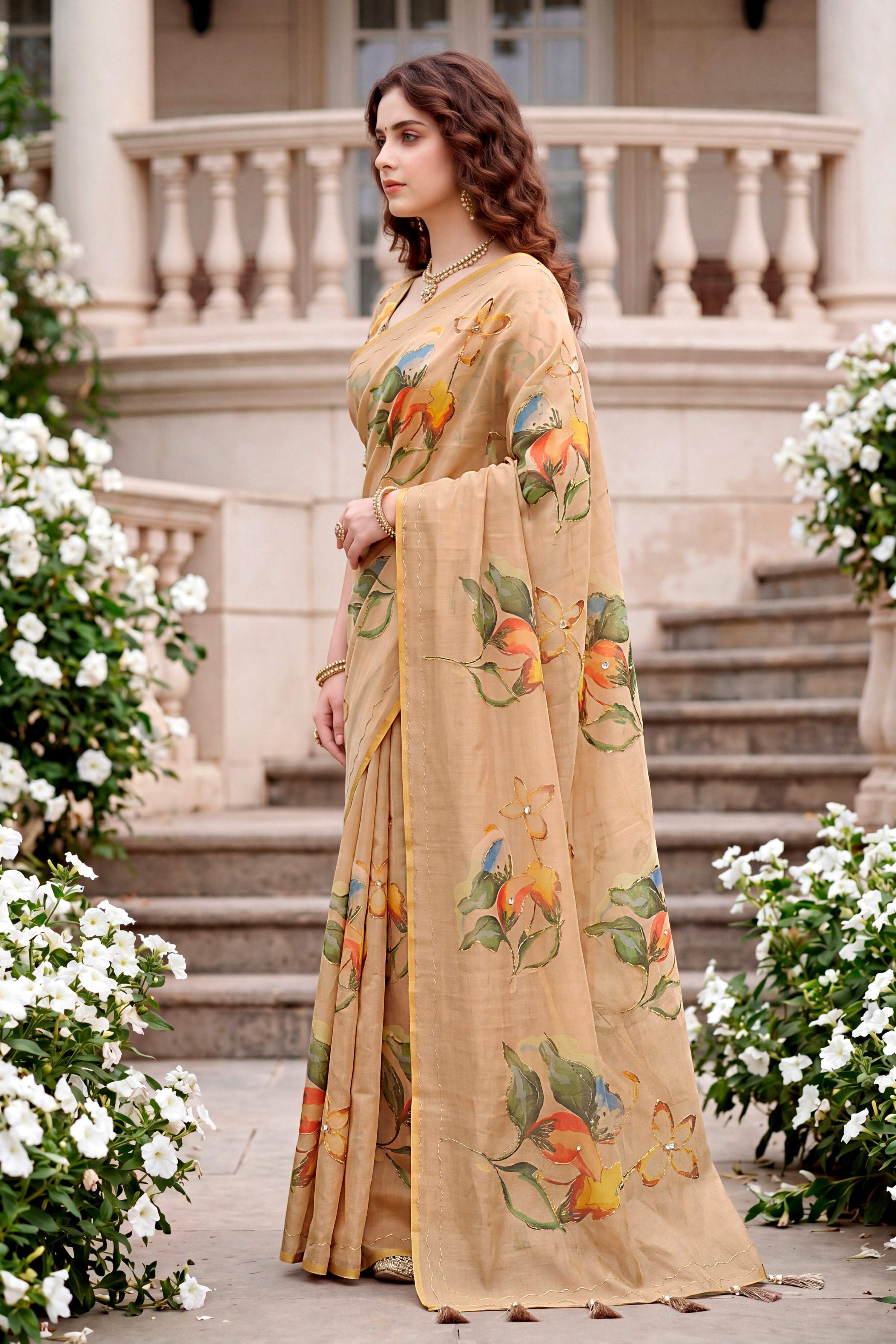 Sangam Prints Beige Cotton Print With Aari Work Woven Work Traditional Saree | Grocsy