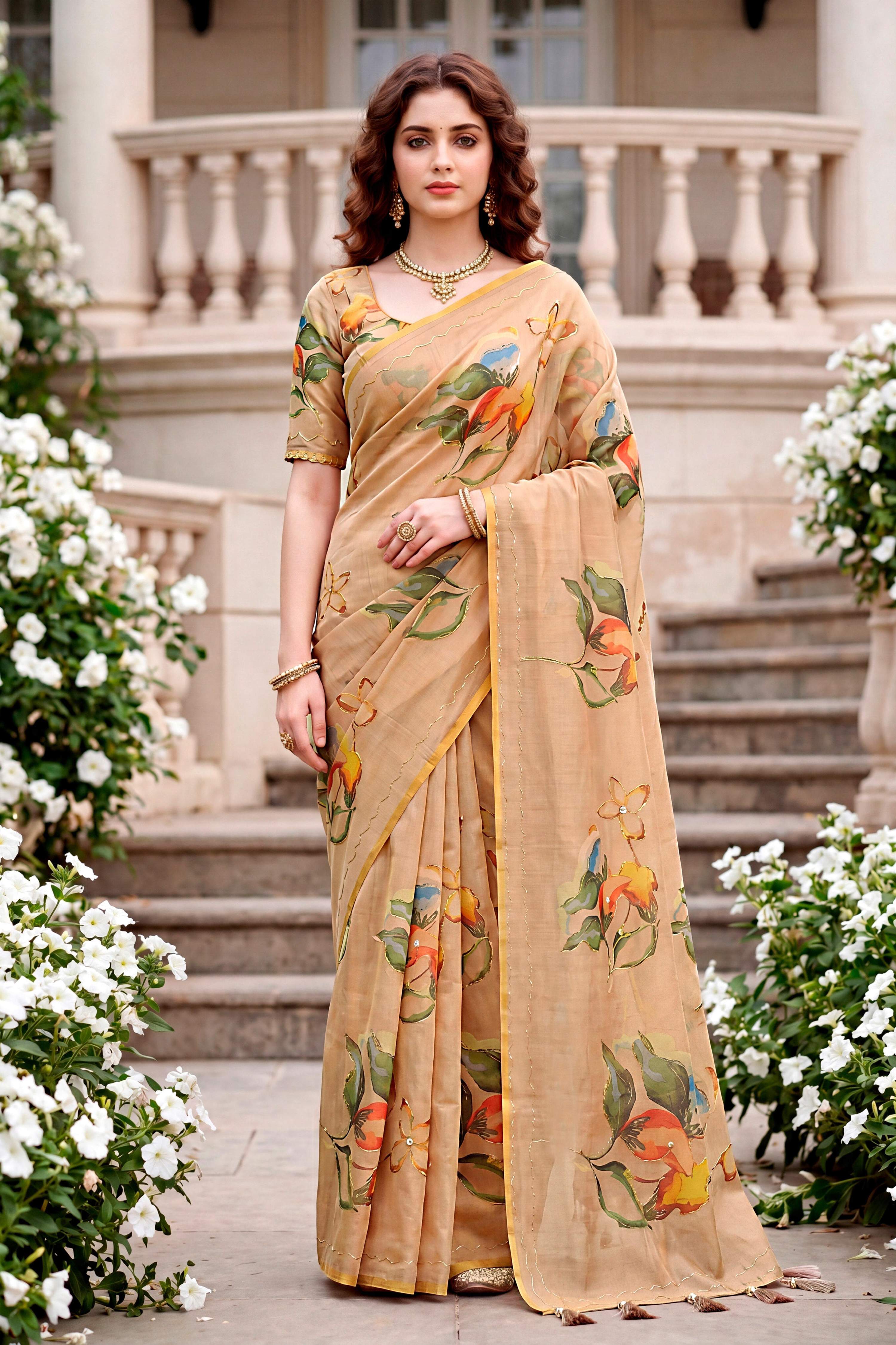 Sangam Prints Beige Cotton Print With Aari Work Woven Work Traditional Saree | Grocsy
