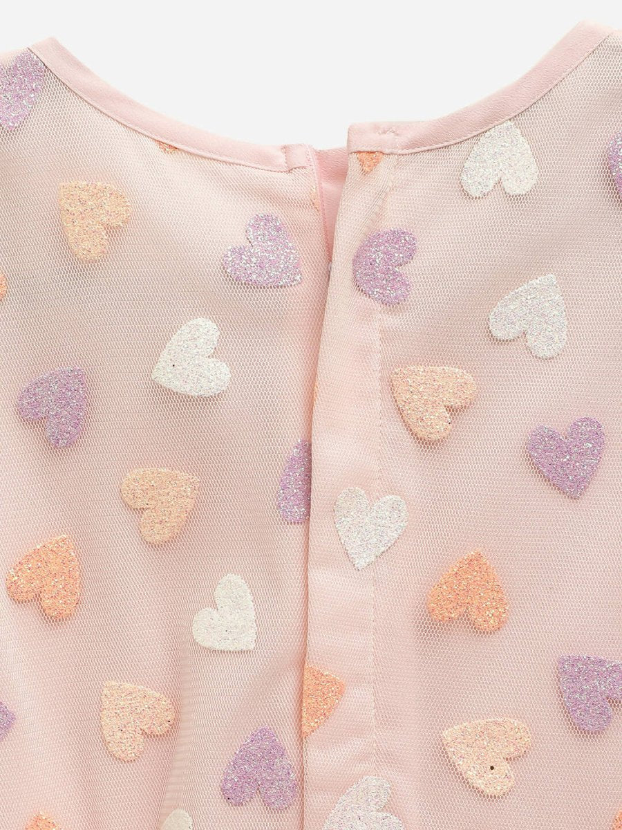 Ahalyaa Pink Net Glitter Print kids Dress For Girls | Grocsy