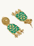 Nuyug 22K Gold-Plated Pearl Beaded Strings Green Enamel Pendant with Floral Motifs Necklace Set | Grocsy
